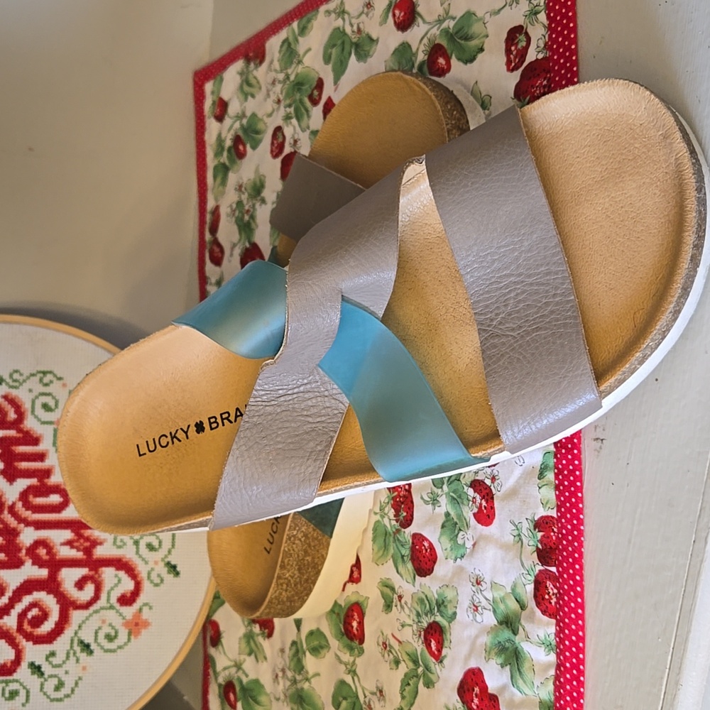 Lucky Brand Leather Cork Blue and Gray Sandals